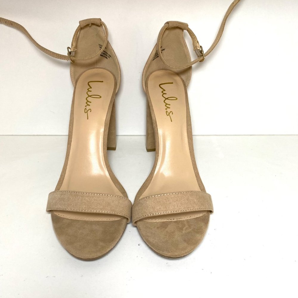 Lulu's Taylor Natural Suede Ankle Strap Block Heels Platform Sandals Nude Beige - Picture 2 of 7